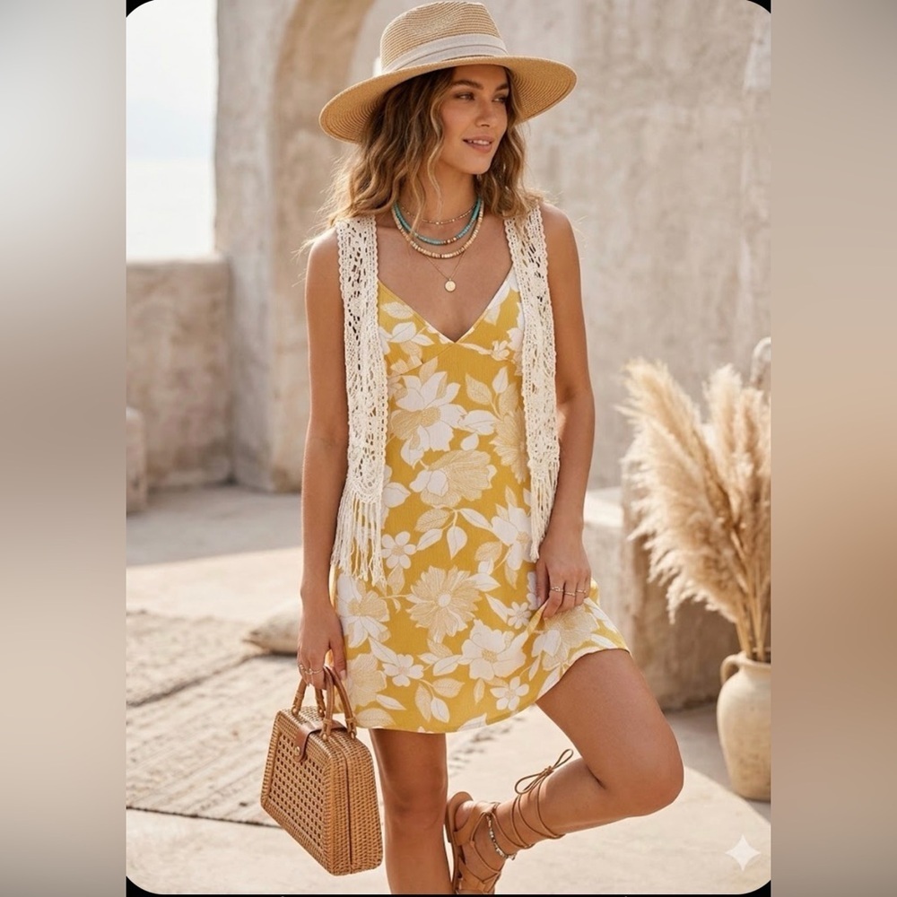 Billabong Women's "Just Add Sun" mini slip dress in a yellow floral print. L